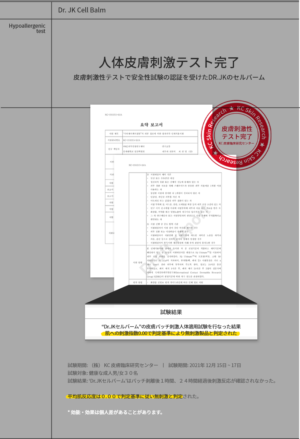 人体皮膚刺激テスト完了 皮膚刺激性テストで安全性試験の認証を受けたDR.JKのセルバーム